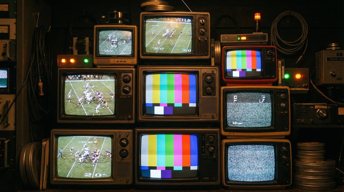 多台彩色复古电视展示不同足球频道 - 好博体育